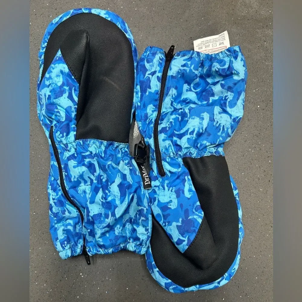 Gordini Toddler's Easy On Mittens in a blue dinosaur camouflage print